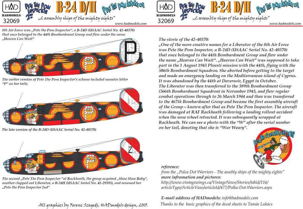 HAD Models HUN32069 B-24D/H Pete the Pom Inspector Decals & Masks 1:32