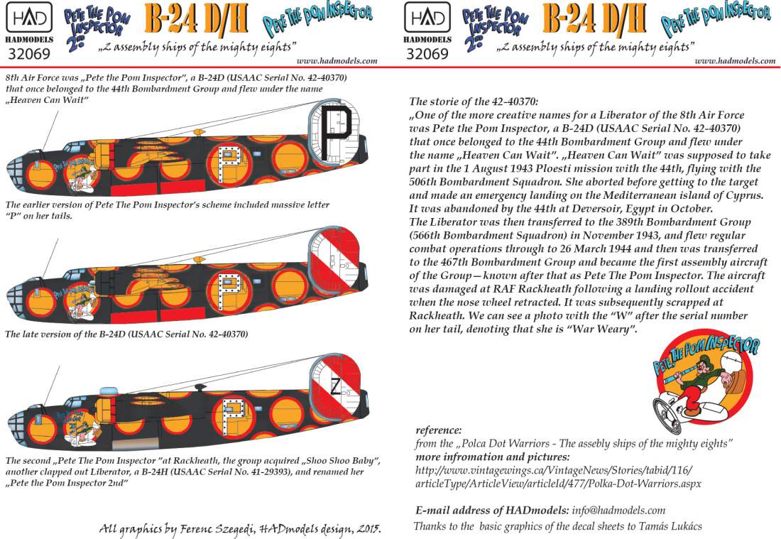 HAD Models HUN32069 B-24D/H Pete the Pom Inspector Decals & Masks 1:32