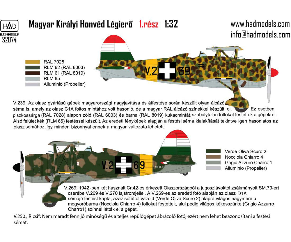HAD Models HUN32074 1:32 Fiat CR-42 Hungarian Fighters with Cross insignias