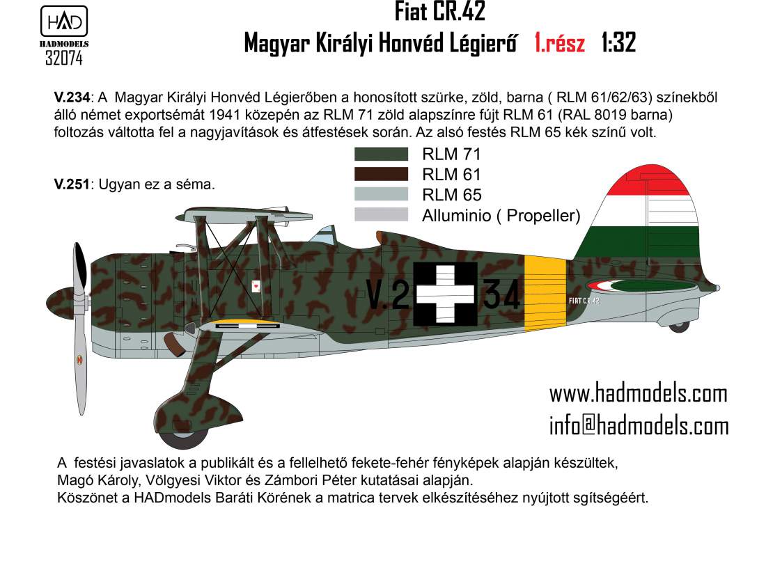 HAD Models HUN32074 1:32 Fiat CR-42 Hungarian Fighters with Cross insignias