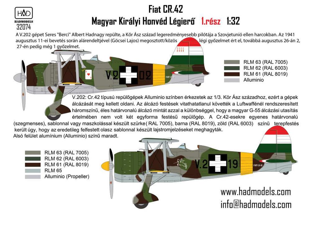 HAD Models HUN32074 1:32 Fiat CR-42 Hungarian Fighters with Cross insignias