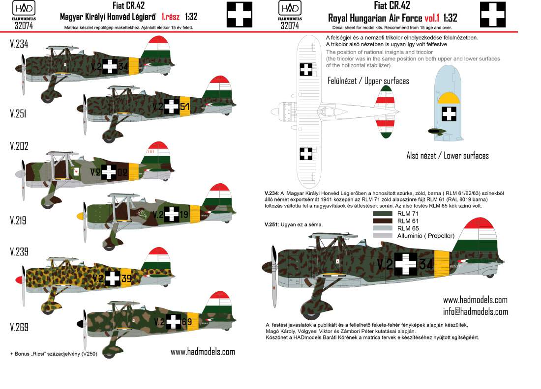 HAD Models HUN32074 1:32 Fiat CR-42 Hungarian Fighters with Cross insignias