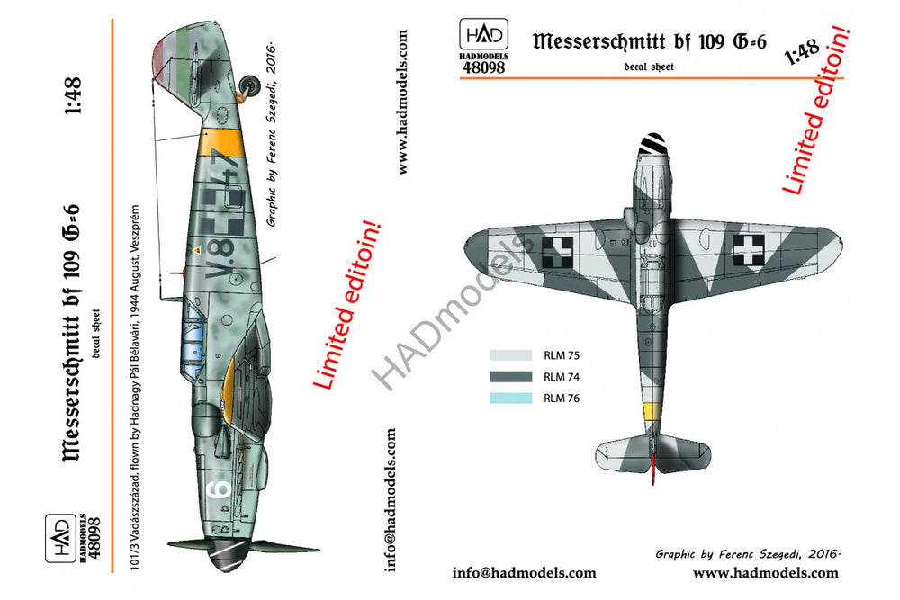 HAD Models HUN48098 1:48 Messerschmitt Bf-109G-6 decal sheet limited edition