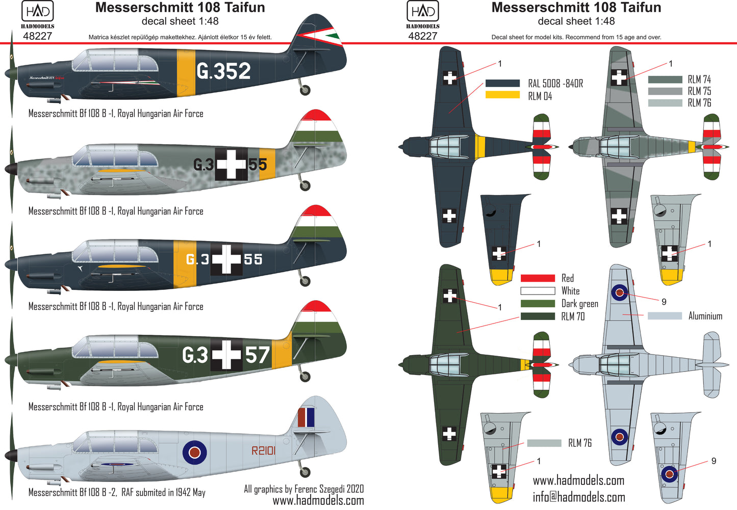 HAD Models HUN48227 1:48 Messerschmitt Bf-108 Taifun 4 x Hungarian and 1 x RAF