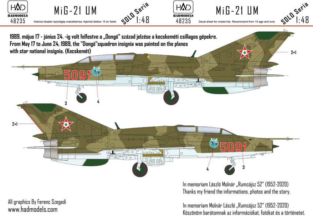 HAD Models HUN48235 1:48 Mikoyan MiG-21UM HUNAF 5091 Dongo Squadron