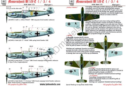 HAD Models HUN72149 1:72 Messerschmitt Bf-109E-1/Bf-109E-3/Bf-109E-4