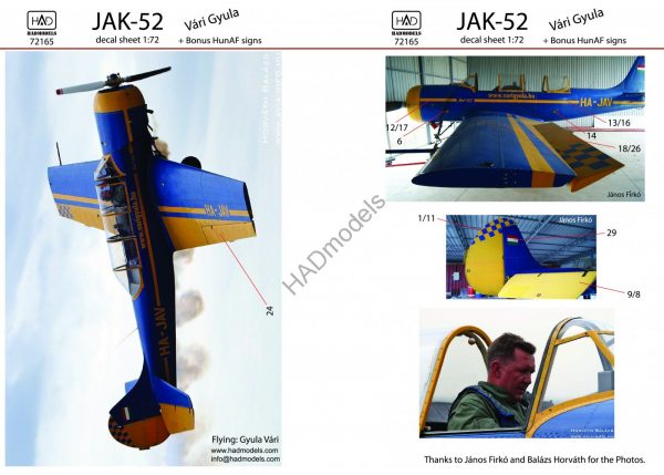 HAD HUN72165 1:72 Yak-52 “Gyula Vari” HunAF decal bonus sheet