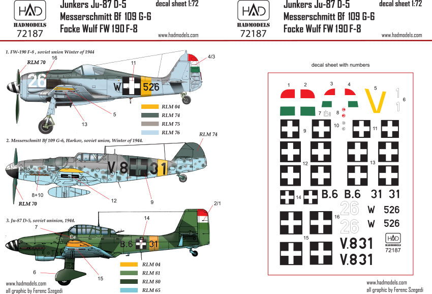 HAD Models HUN72187 Hungarian Ju-87D-5, Bf-109G-6, Fw-190F-8 1:72