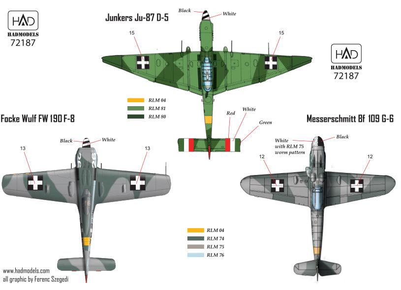 HAD Models HUN72187 Hungarian Ju-87D-5, Bf-109G-6, Fw-190F-8 1:72