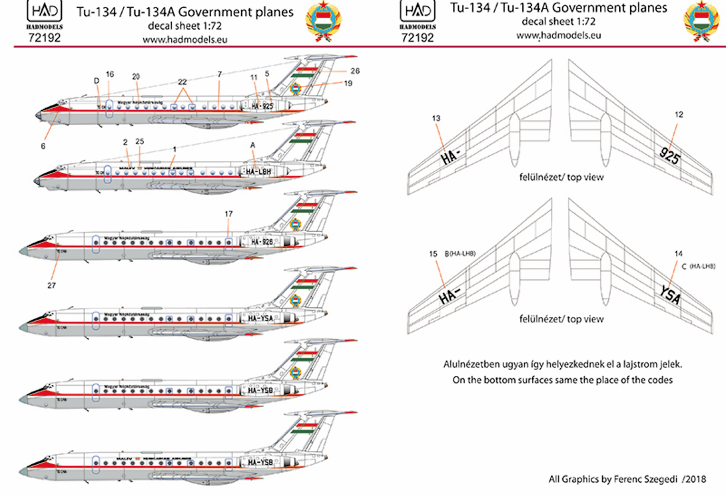 HAD Models HUN72192 1:72 Tupolev Tu-134A Kormanygep/government