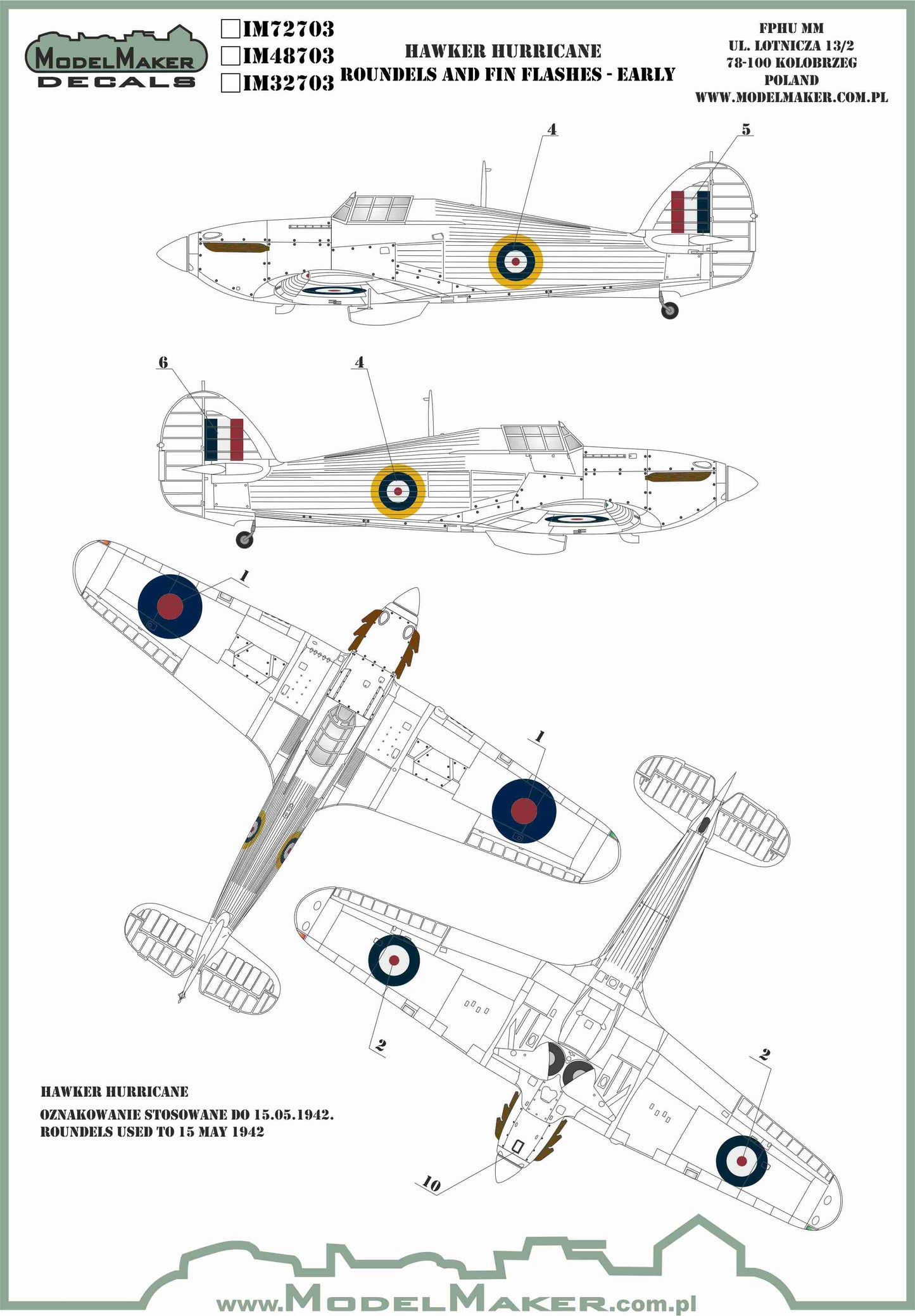 Model Maker Decals IM32703 1:32 Hawker Hurricane roundels and fin flashes-EARLY