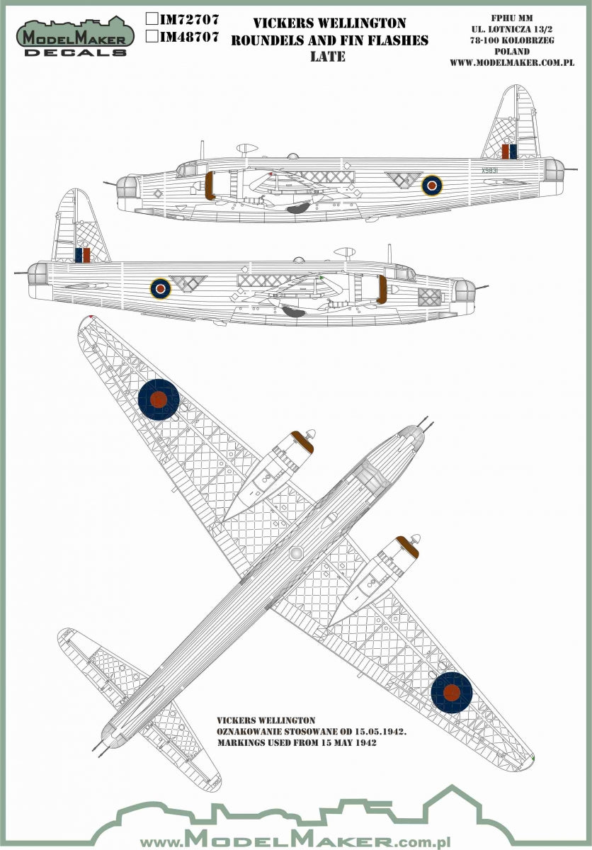 Model Maker Decals IM48707 1:48 VICKERS WELLINGTON ROUNDELS AND FIN FLASHES LATE