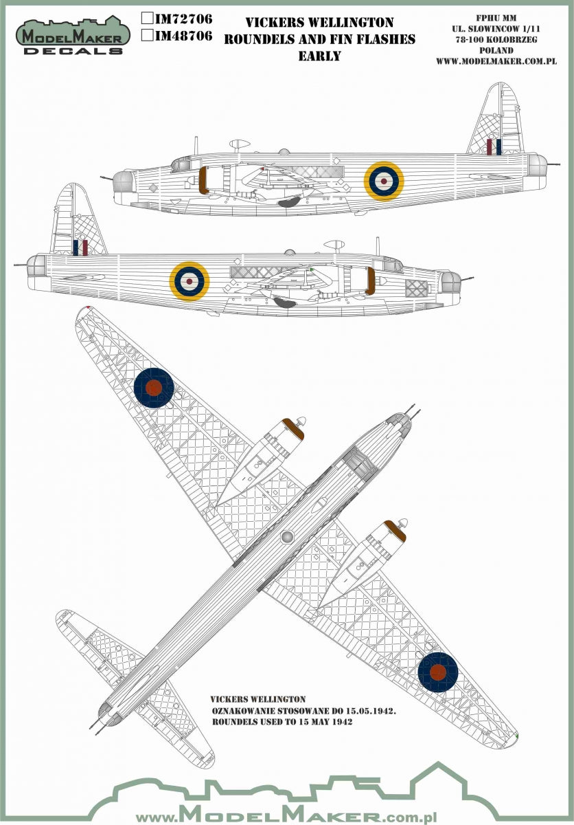 Model Maker Decals IM72706 1:72 VICKERS WELLINGTON ROUNDELS & FIN FLASHES EARLY