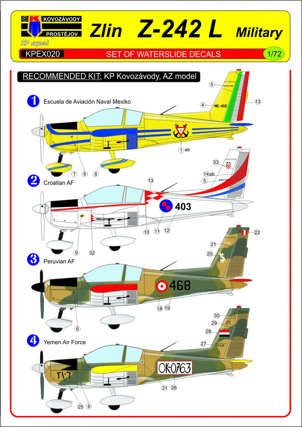 Kovozavody Prostejov KPEX7220 1:72 Zlin Z-242L Military, 4x decal set