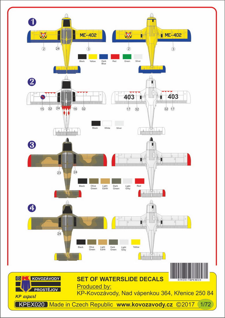 Kovozavody Prostejov KPEX7220 1:72 Zlin Z-242L Military, 4x decal set
