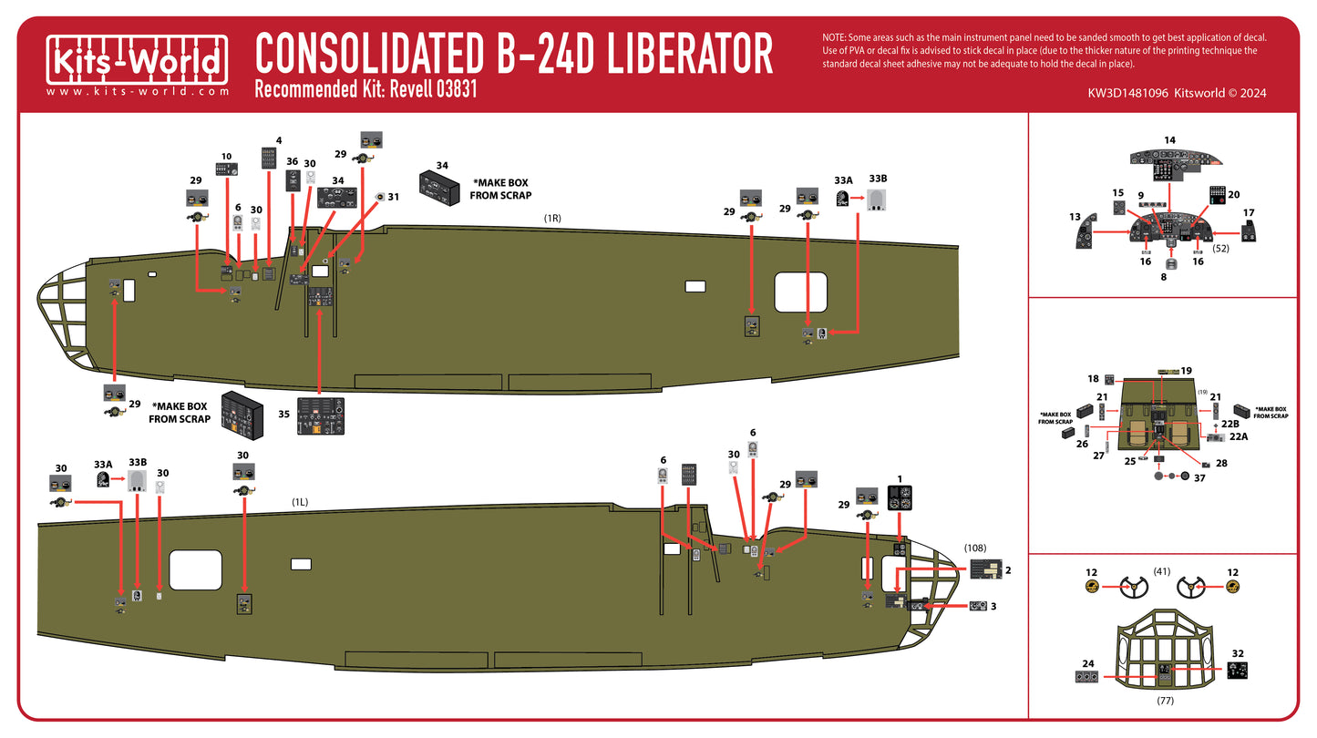 Kits-World KW3D1481096 1:48 Consolidated B-24D Liberator cockpit interior set