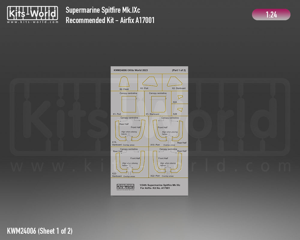 Kits-World KWM124006 1:24 Supermarine Spitfire Mk.IXc Canopy and Wheel Mask