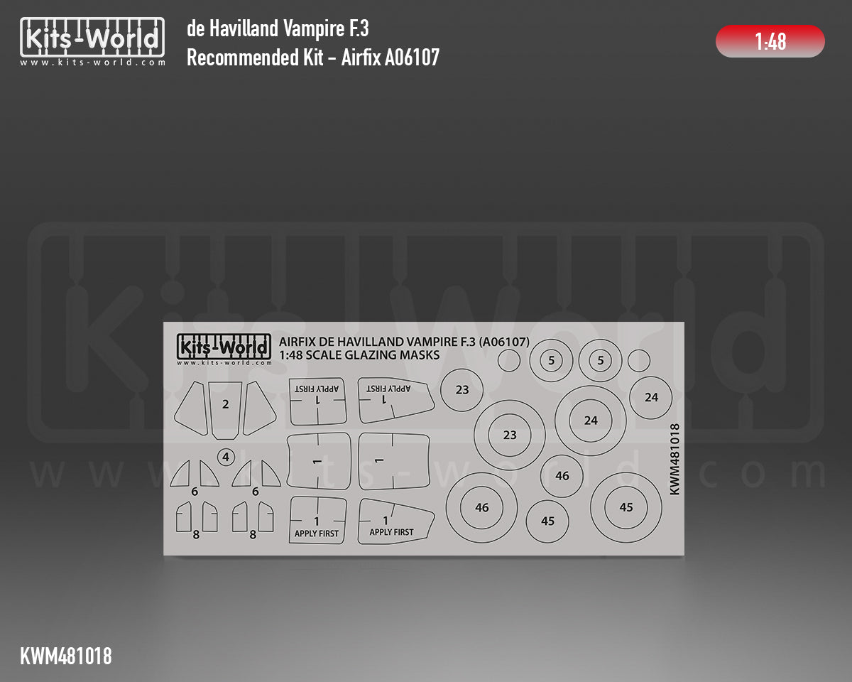 Kits-World KWM481018 1:48 de Havilland Vampire F.3 wheels & canopy mask