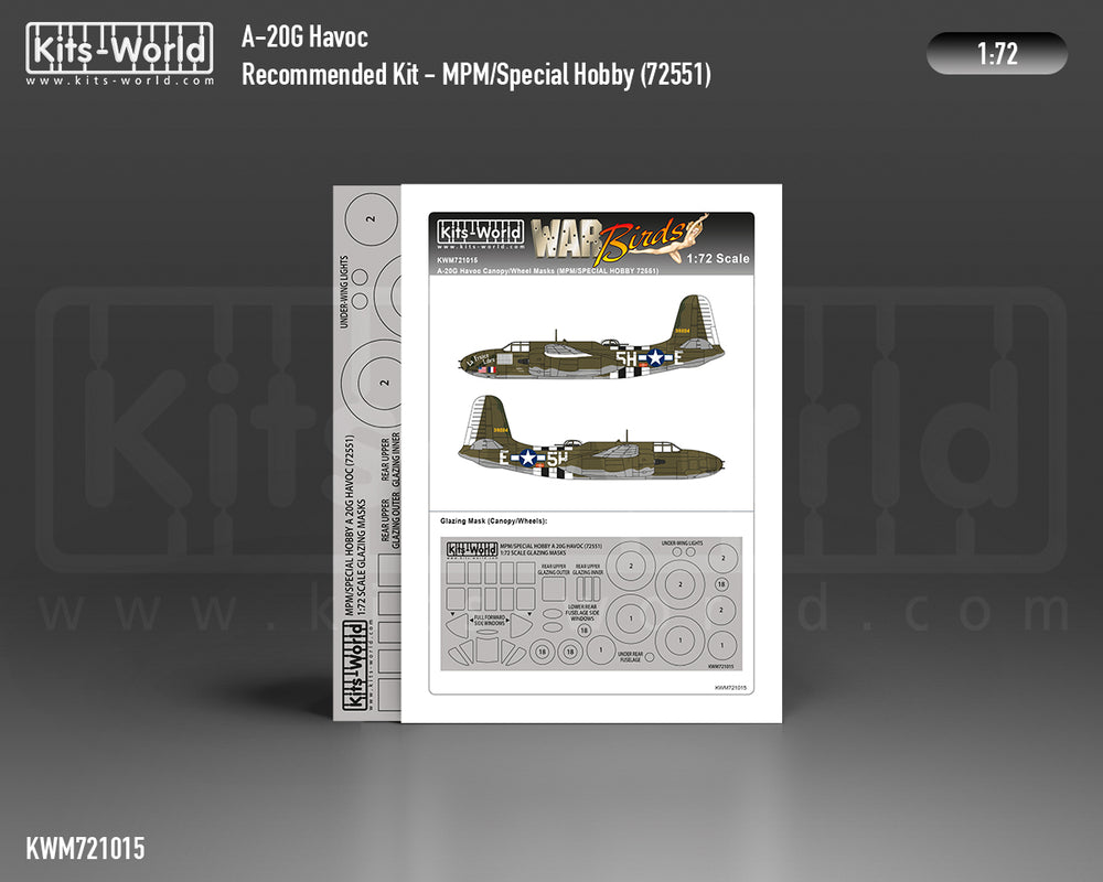 Kits-World KWM721015 1:72 Douglas A-20G wheels and canopy frame paint masks