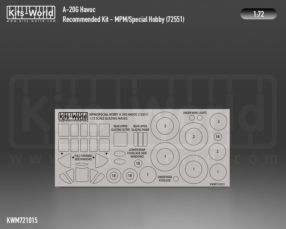Kits-World KWM721015 1:72 Douglas A-20G wheels and canopy frame paint masks