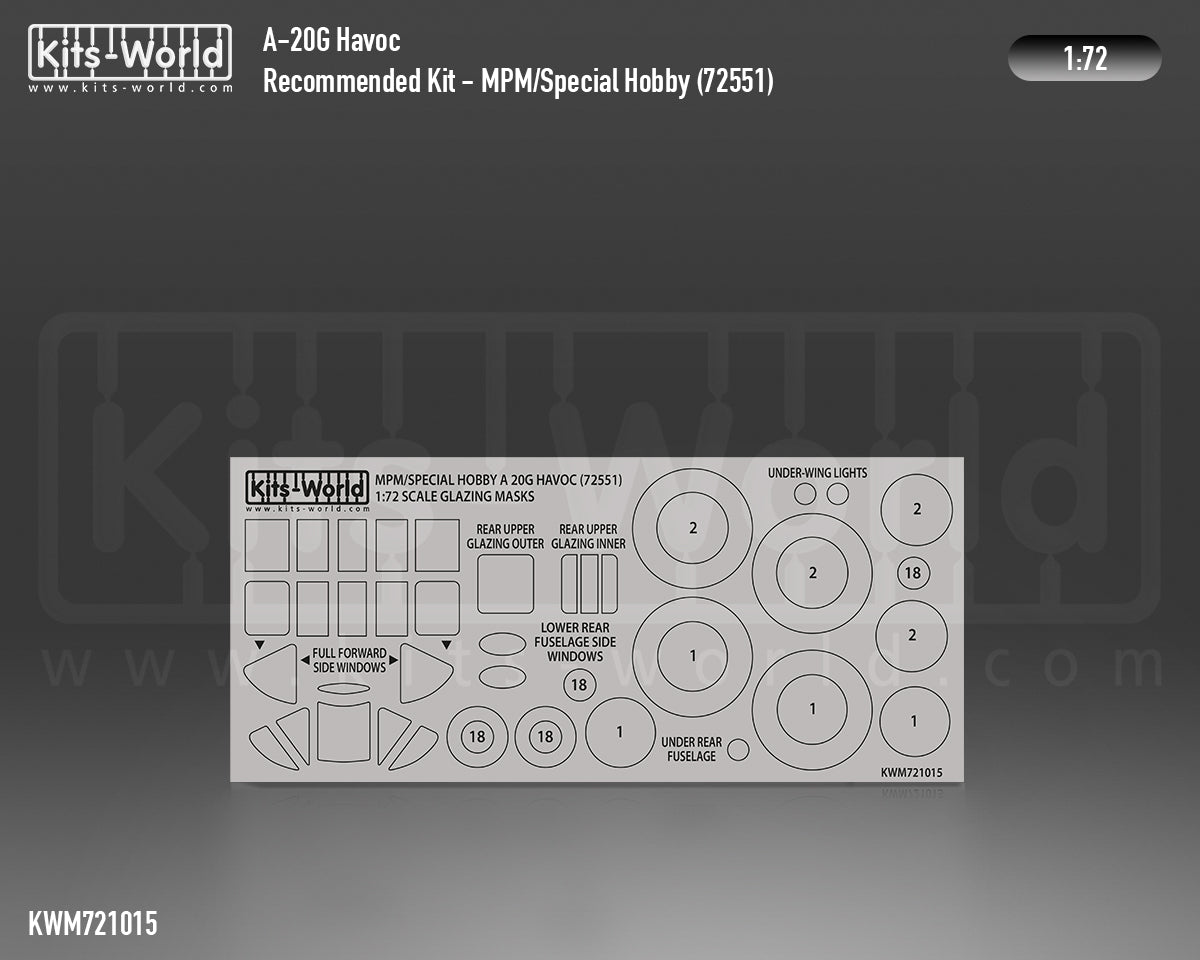 Kits-World KWM721015 1:72 Douglas A-20G wheels and canopy frame paint masks