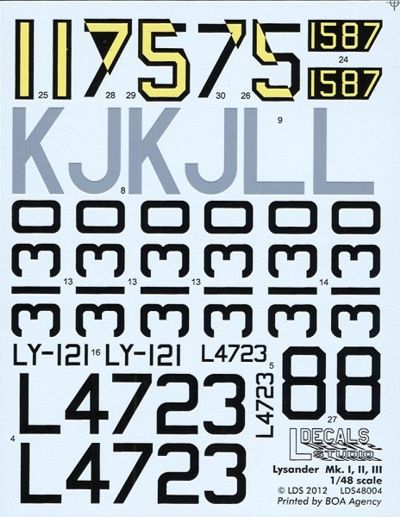L Decals Studio LDS48004 1:48 Westland Lysander Mk.I, Mk.II and Mk.III