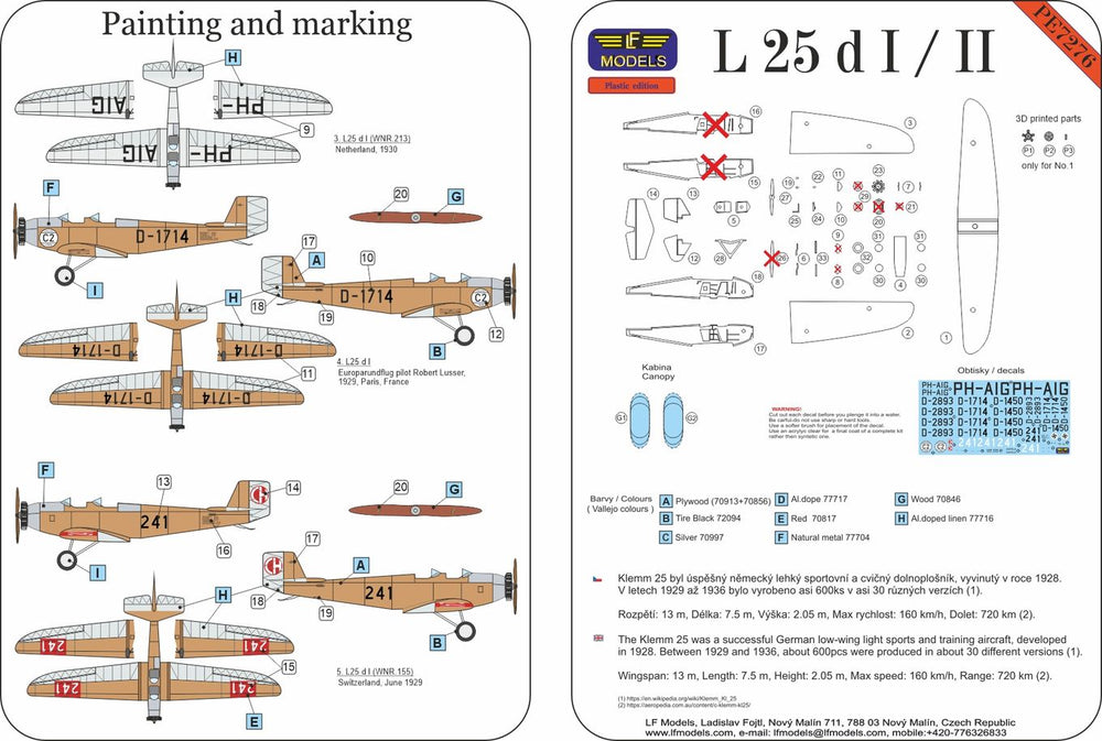 LF Models LFPE7276 1:72 Klemm L 25d I / II General purpose aircraft