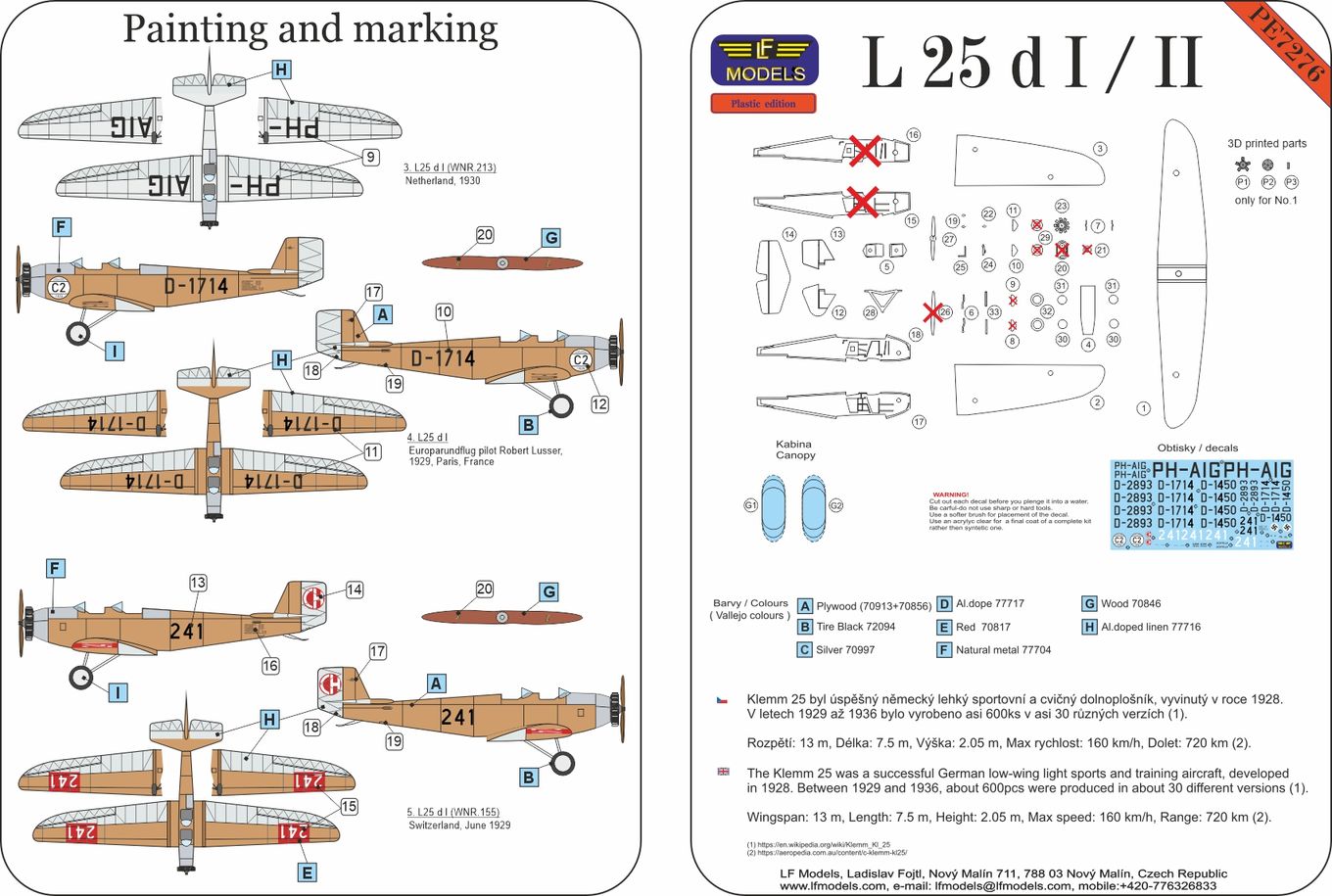LF Models LFPE7276 1:72 Klemm L 25d I / II General purpose aircraft