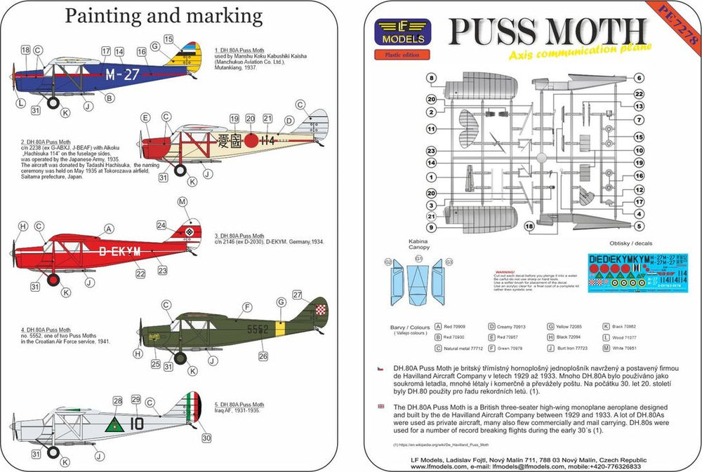LF Models LFPE7278 1:72 de Havilland DH-80A Puss Moth Axis Communication Plane