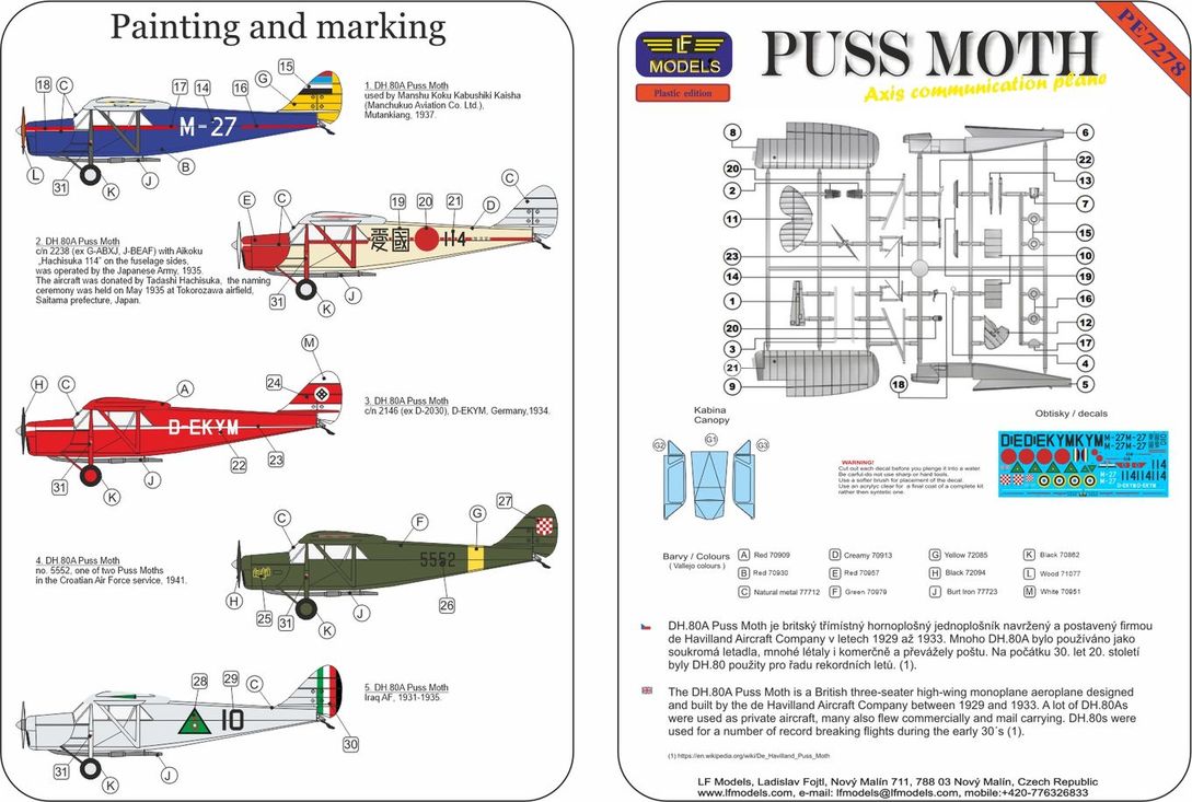 LF Models LFPE7278 1:72 de Havilland DH-80A Puss Moth Axis Communication Plane