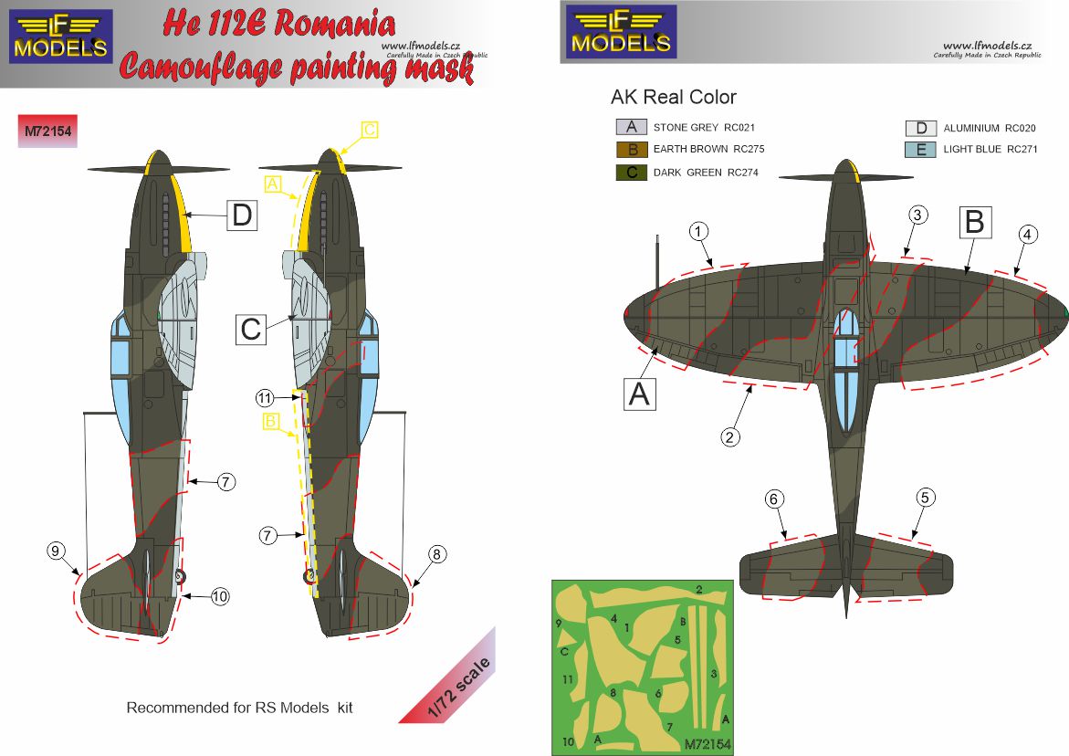 LF Models LFMM72154 Heinkel He-112E Romanian Camo Paint Masks 1:72