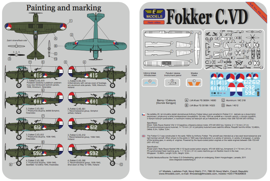LF Models LFPE7201 1:72 Fokker C.VD decals for 4 x Holland camouflaged 1936-40