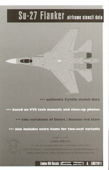 Linden Hill LHD72011 1:72 Sukhoi Su-27 Complete Technical Stencil Data