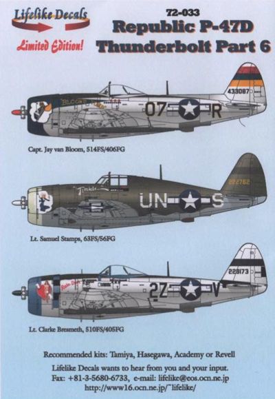 Lifelike LL72033 P-47D Thunderbolt Bloom's Tomb Decals 1:72