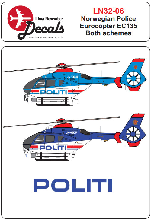 Lima November LN32-006 1:32 Norwegian Police Eurocopter EC135 both schemes