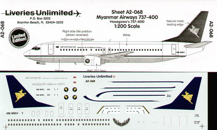Liveries Unlimited LU2068 1:200 Boeing 737-400 MYANMAR AIRWAYS 9M-MMH