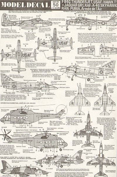 Modeldecal MD050 F-84G / A-4G / SA-330B Puma / BAe Hawk 1:72