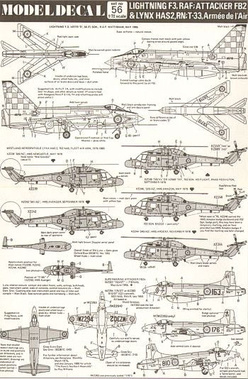 Modeldecal MD056 Lightning F.3 / Lynx / Attacker / T-33A Decals 1:72