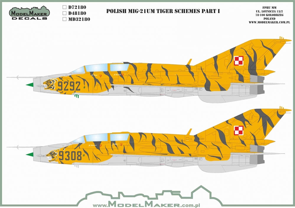 Model Maker Decals MD32180 1:32 Polish Mikoyan MiG-21UM Tiger Schemes Part I