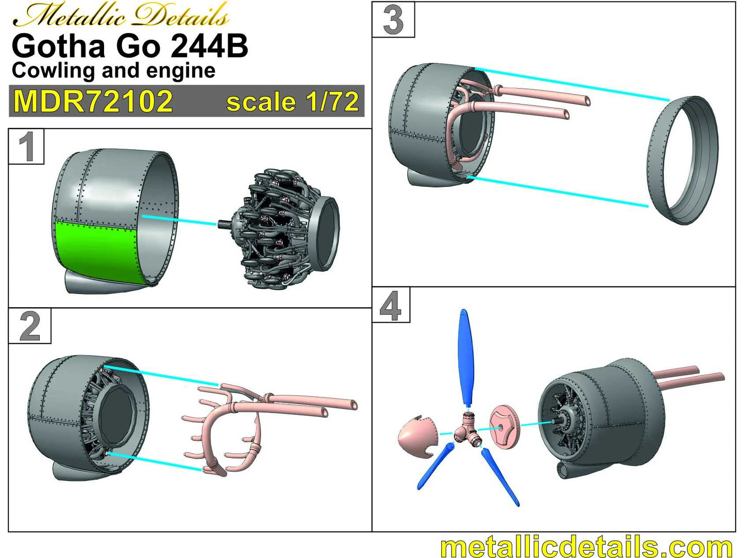 Metallic Details MDMDR72102 1:72 Gotha Go-244B Cowlings and engines
