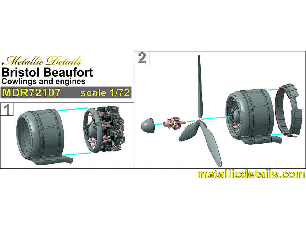 Metallic Details MDMDR72107 1:72 Bristol Beaufort Mk.I/Mk.IC Cowlings and engine