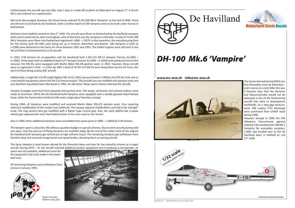 Matterhorn Circle MHN32021 DH-100 Vampire Mk.6 Decals 1:32