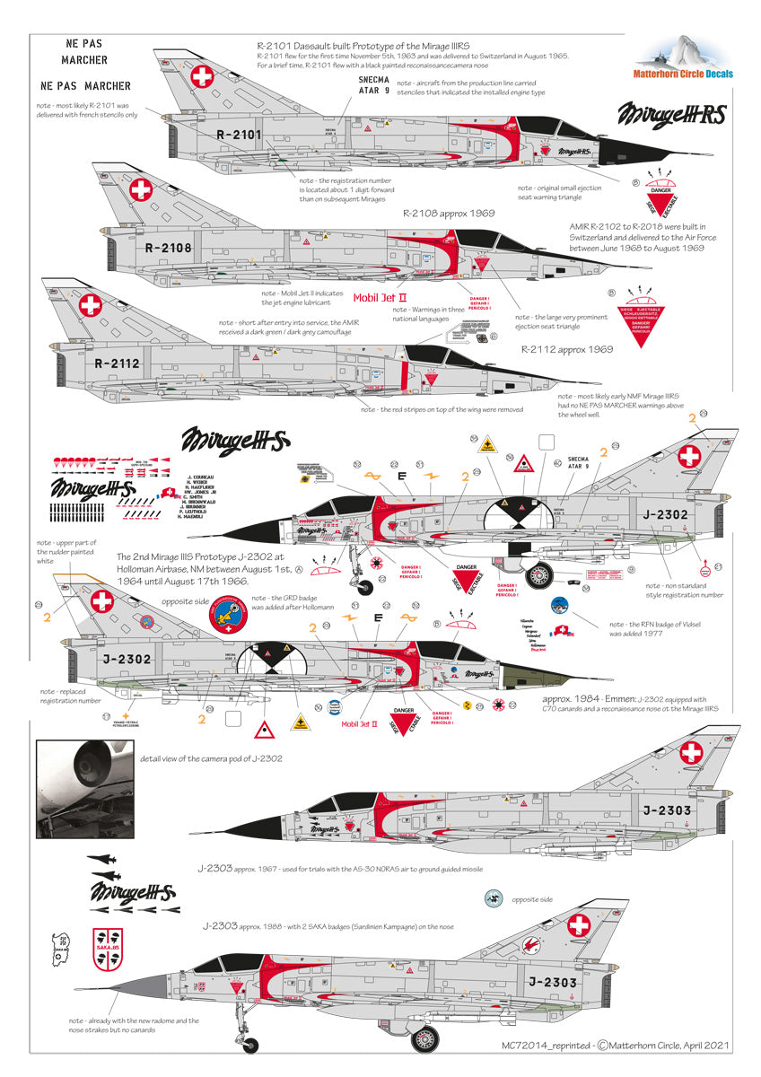 Matterhorn Circle MHN72014 1:72 Re-printed in 2021! Dassault_Mirage IIIS & IIIRS