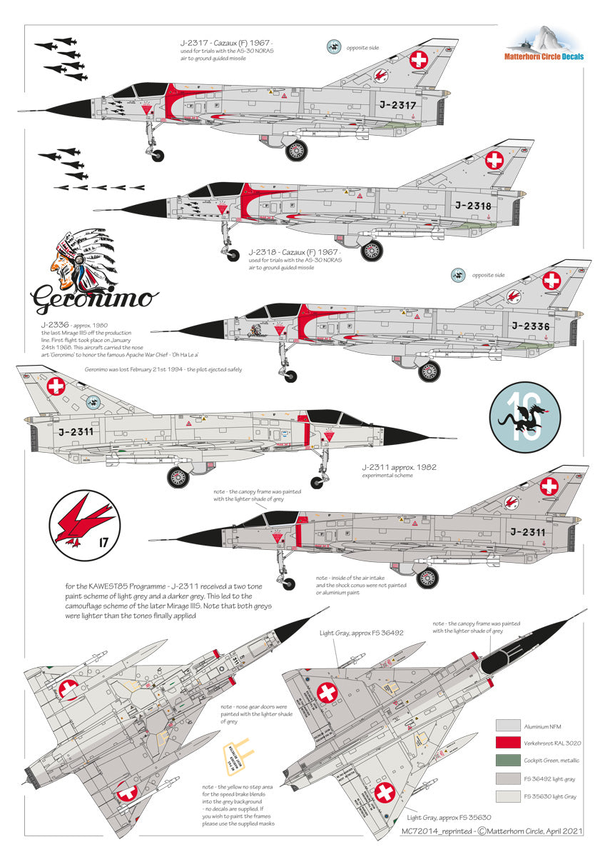 Matterhorn Circle MHN72014 1:72 Re-printed in 2021! Dassault_Mirage IIIS & IIIRS