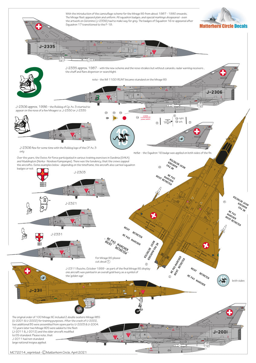 Matterhorn Circle MHN72014 1:72 Re-printed in 2021! Dassault_Mirage IIIS & IIIRS