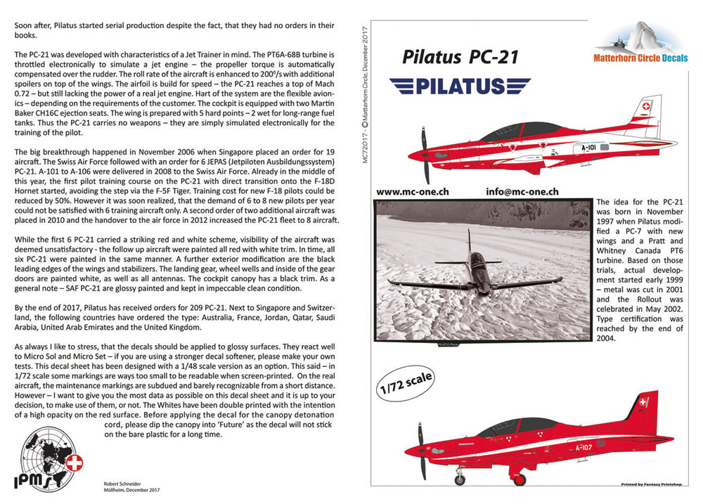 Matterhorn Circle MHN72017 Pilatus PC-21 Trainer Decals 1:72