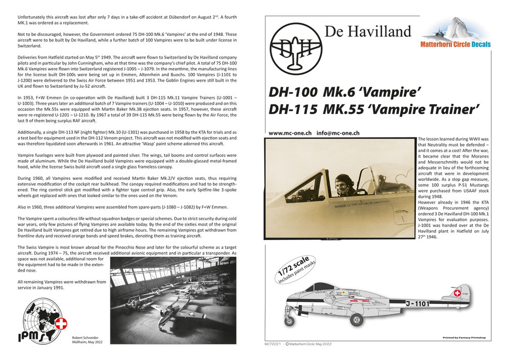 Matterhorn Circle MHN72021 DH-100/115 Vampire Trainer 1:72