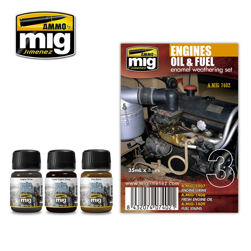 Ammo by MIG Engines Oil & Fuel Enamel Weathering Set For Model Kits MIG 7402