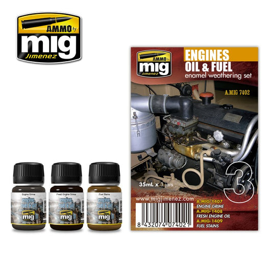 Ammo by MIG Engines Oil & Fuel Enamel Weathering Set For Model Kits MIG 7402