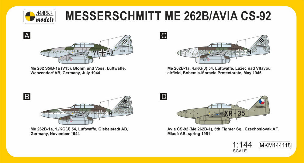 Mark I Models MKM144118 1:144 Messerschmitt Me-262B Schwalbe 'Jet Trainer'
